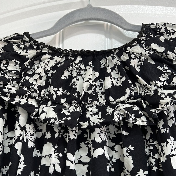 ZARA FLORAL BLOUSE SZ L WHITE AND BLACK RUFFLES COTTAGECORE COASTAL PRAIRIE - Picture 5 of 10